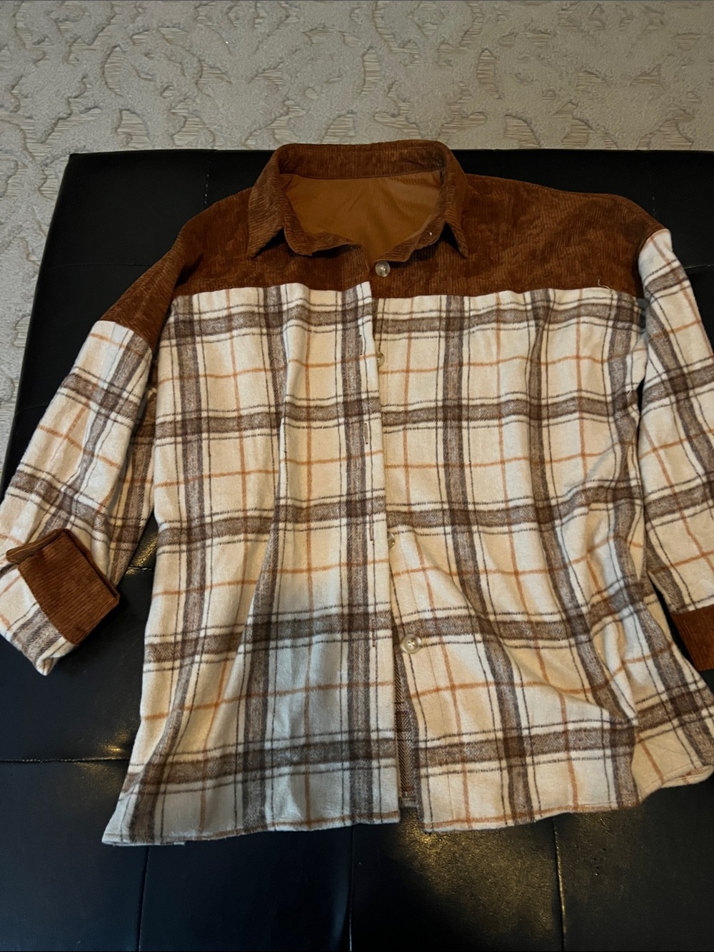 SHEIN Brown and Cream Plaid Corduroy Yoke Button-Down Shirt